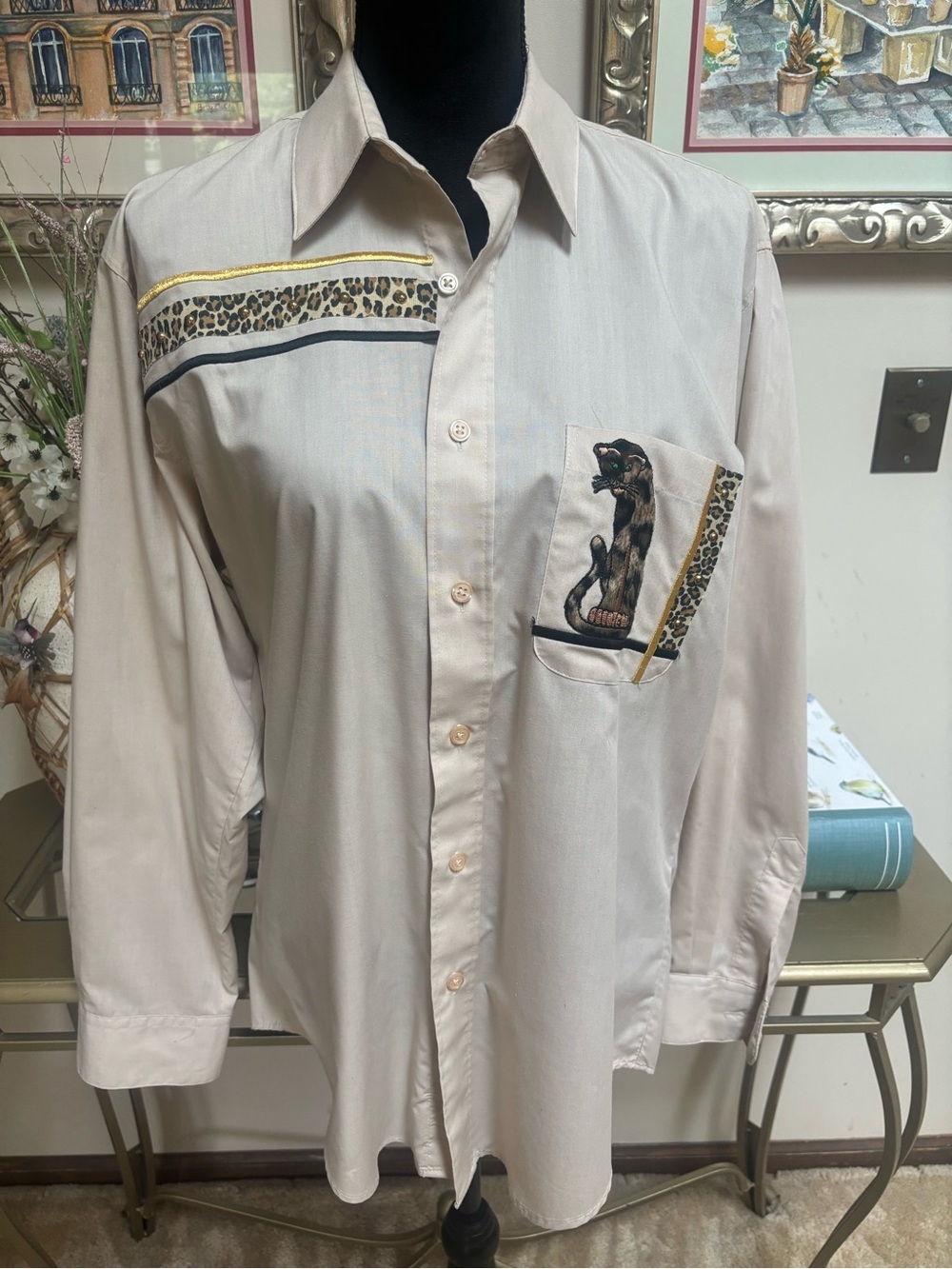 VINTAGE P.G.B. Safari Theme Panther Embroidery Leopard Trim Oversized Shirt SZ M